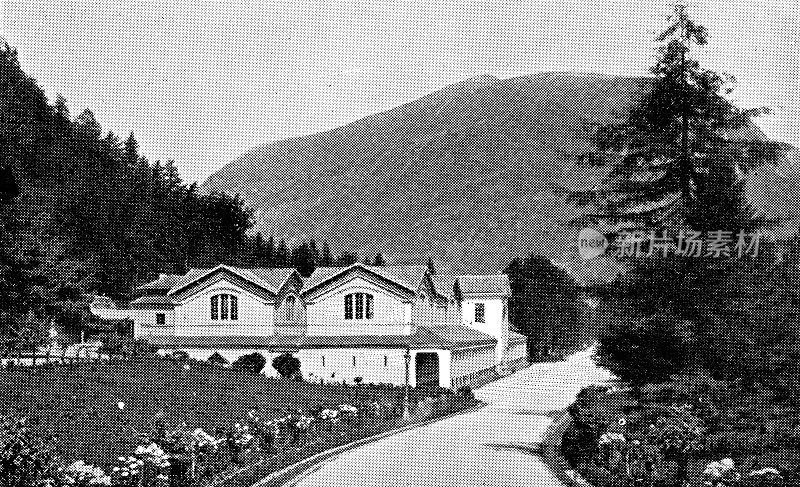 温泉浴场Bagnères-de-Luchon在比利牛斯山在法国- 19世纪